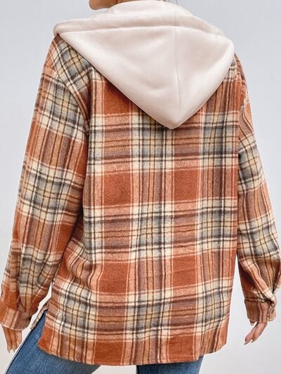 Rosy Brown Plaid Button Up Drawstring Hooded Jacket