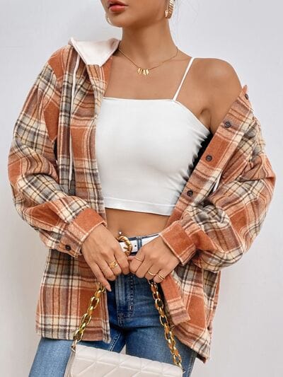 Light Gray Plaid Button Up Drawstring Hooded Jacket