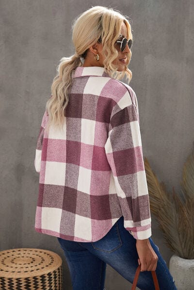 Dim Gray Plaid Button Up Dropped Shoulder Jacket