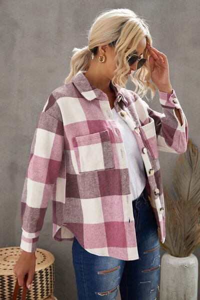 Dim Gray Plaid Button Up Dropped Shoulder Jacket