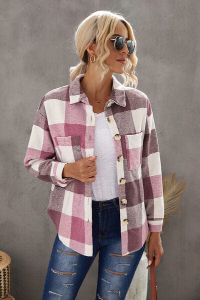 Dim Gray Plaid Button Up Dropped Shoulder Jacket