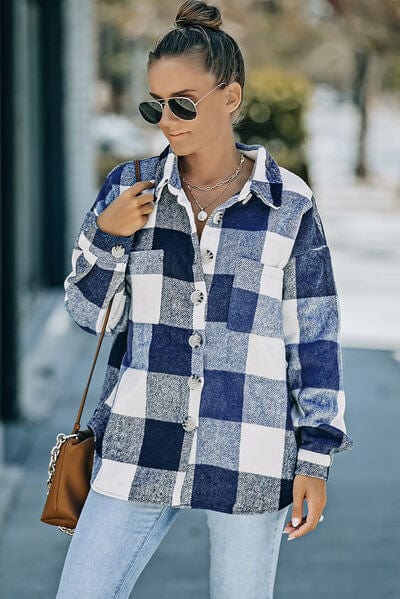 Slate Gray Plaid Button Up Dropped Shoulder Jacket