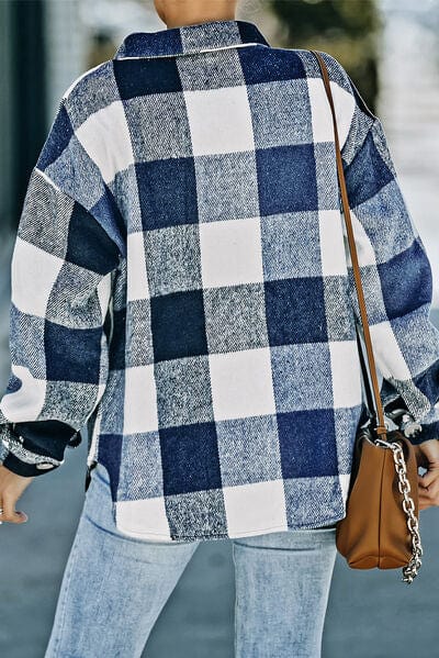 Dim Gray Plaid Button Up Dropped Shoulder Jacket