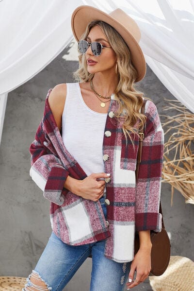 Light Slate Gray Plaid Button Up Dropped Shoulder Jacket