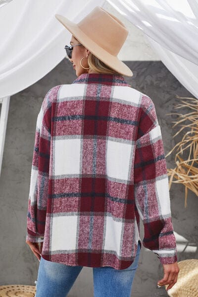 Dim Gray Plaid Button Up Dropped Shoulder Jacket