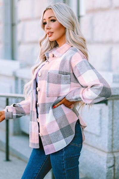 Light Gray Plaid Button Up Dropped Shoulder Jacket