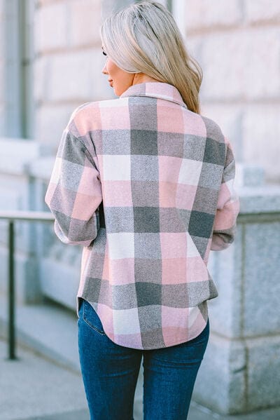 Gray Plaid Button Up Dropped Shoulder Jacket