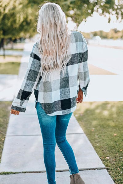 Light Gray Plaid Button Up Dropped Shoulder Jacket