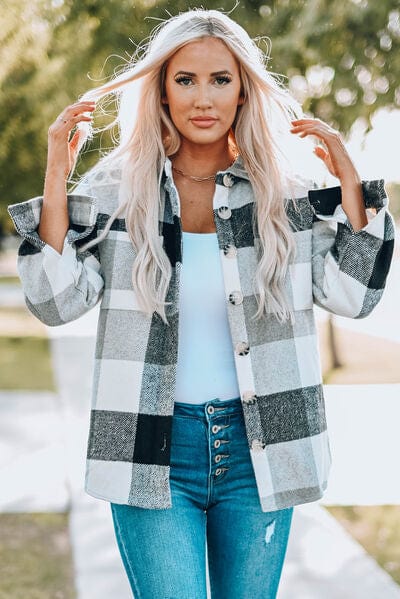 Gray Plaid Button Up Dropped Shoulder Jacket