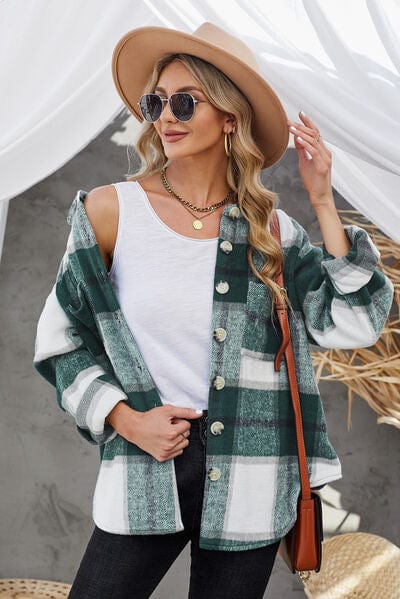 Slate Gray Plaid Button Up Dropped Shoulder Jacket