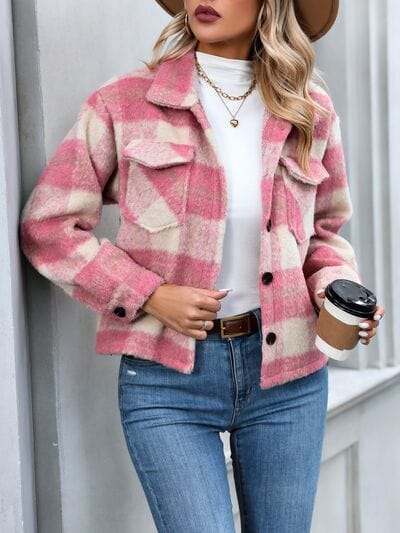 Dark Gray Plaid Button Up Dropped Shoulder Jacket