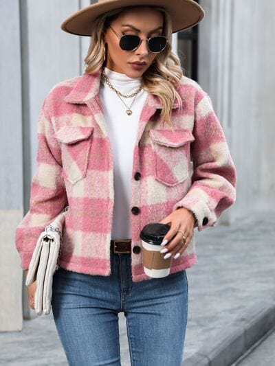 Gray Plaid Button Up Dropped Shoulder Jacket