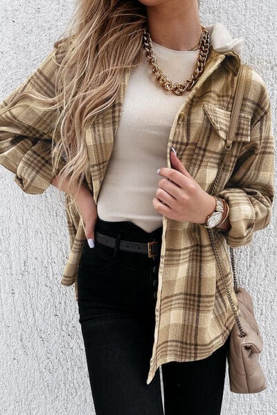 Gray Plaid Button Up Hooded Jacket with Pockets