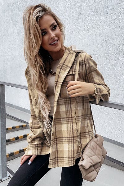 Gray Plaid Button Up Hooded Jacket with Pockets