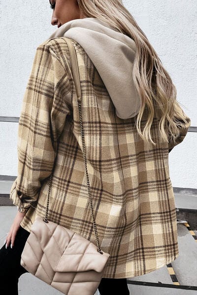 Rosy Brown Plaid Button Up Hooded Jacket with Pockets