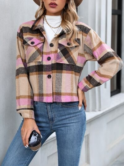 Gray Plaid Button Up Jacket with Pockets