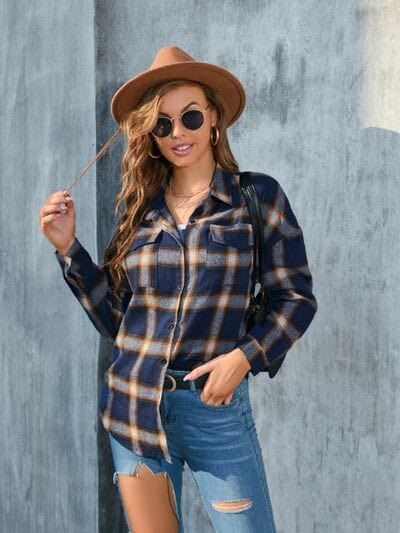 Dark Gray Plaid Button Up Pocketed Shirt