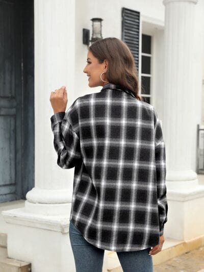 Dark Slate Gray Plaid Button Up Pocketed Shirt