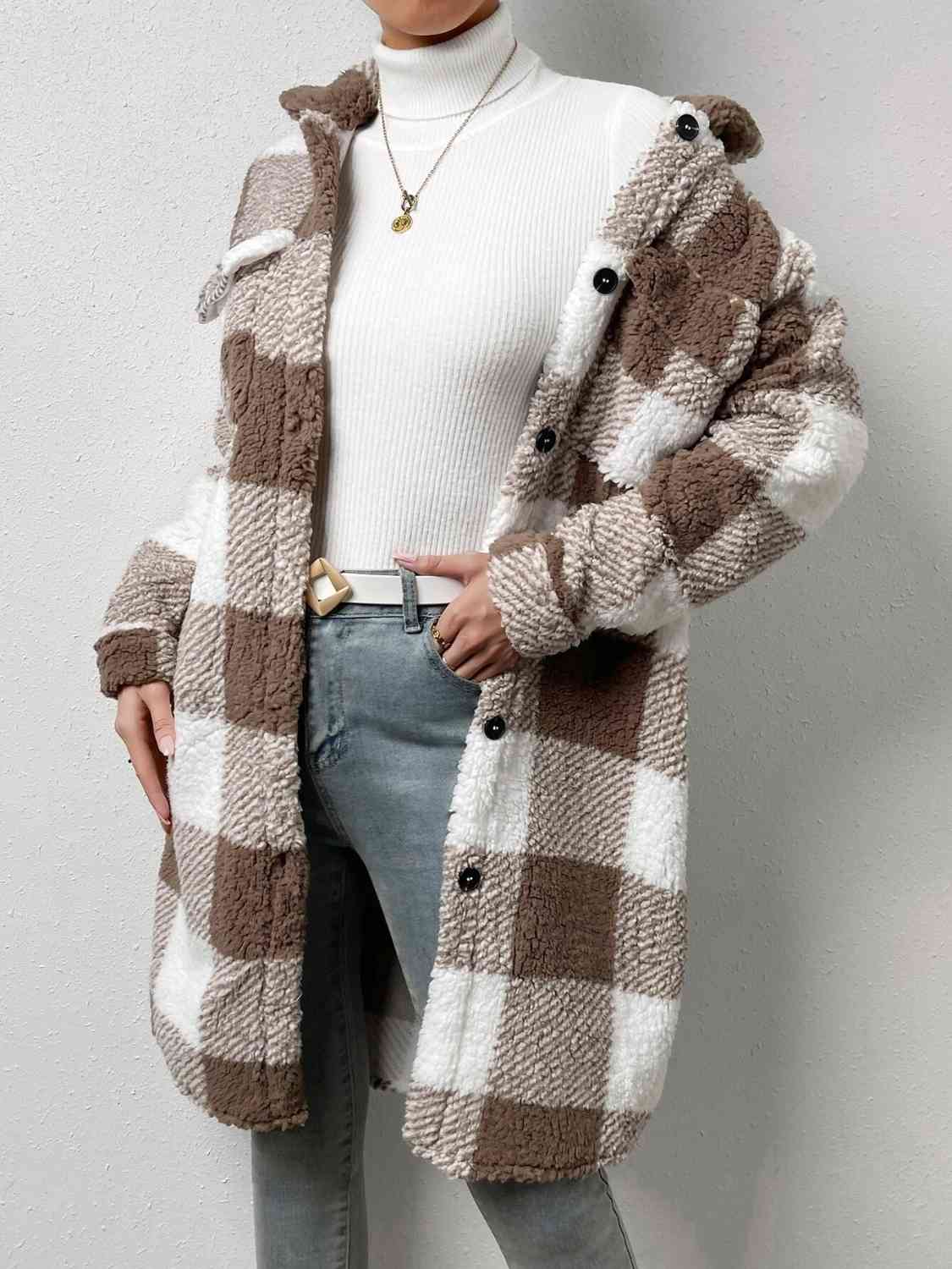 Gray Plaid Collared Neck Button Down Coat