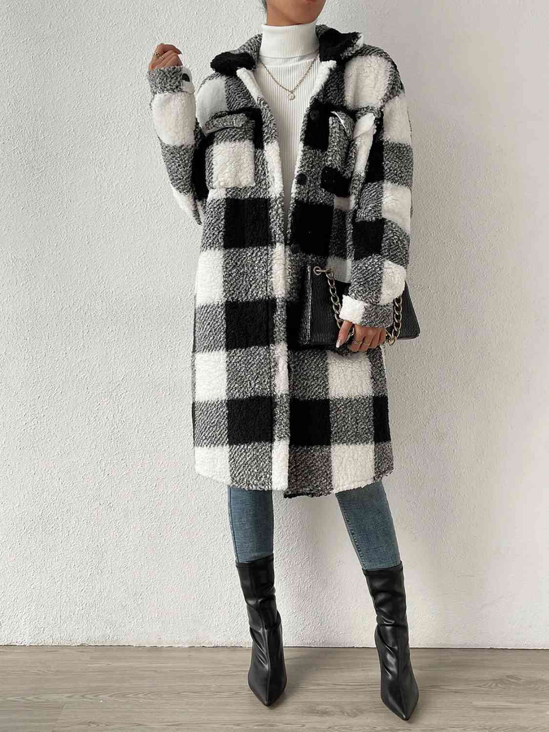 Gray Plaid Collared Neck Button Down Coat