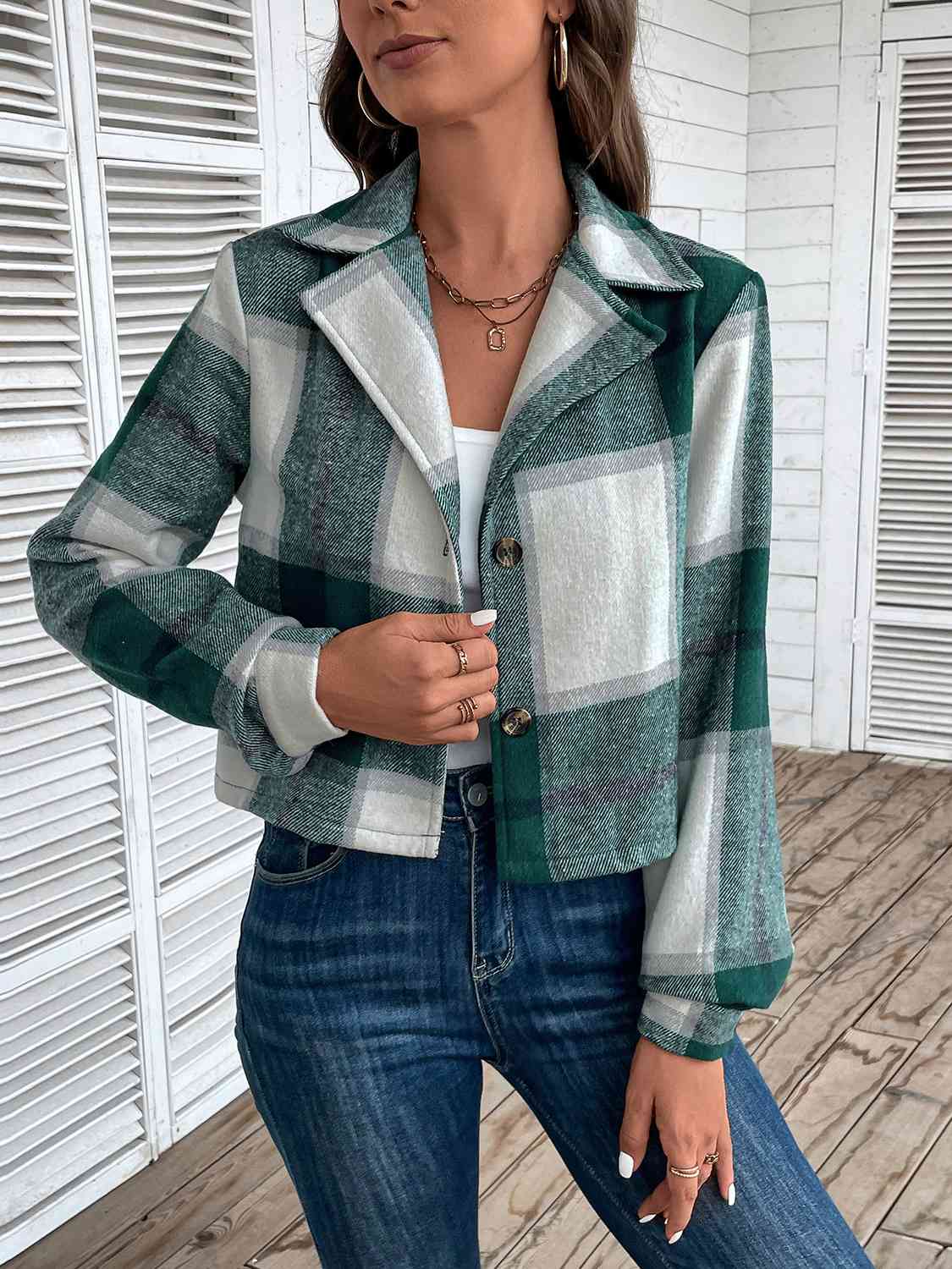 Gray Plaid Collared Neck Button Up Long Sleeve Jacket