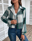 Gray Plaid Collared Neck Button Up Long Sleeve Jacket