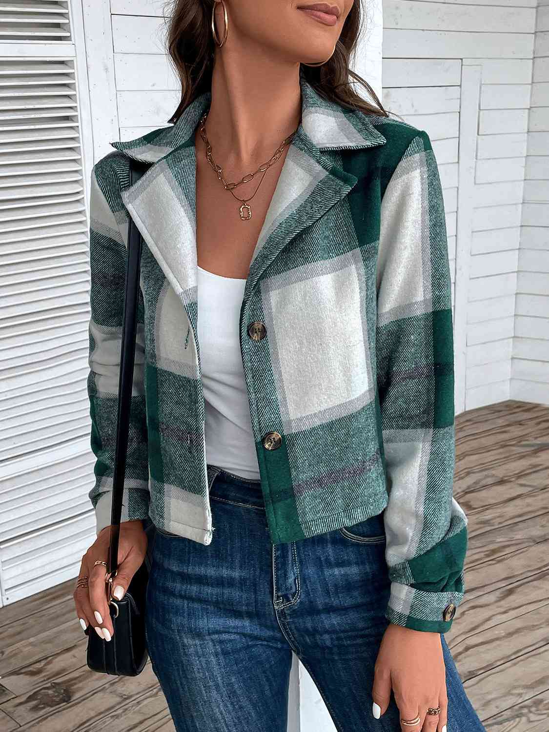 Gray Plaid Collared Neck Button Up Long Sleeve Jacket