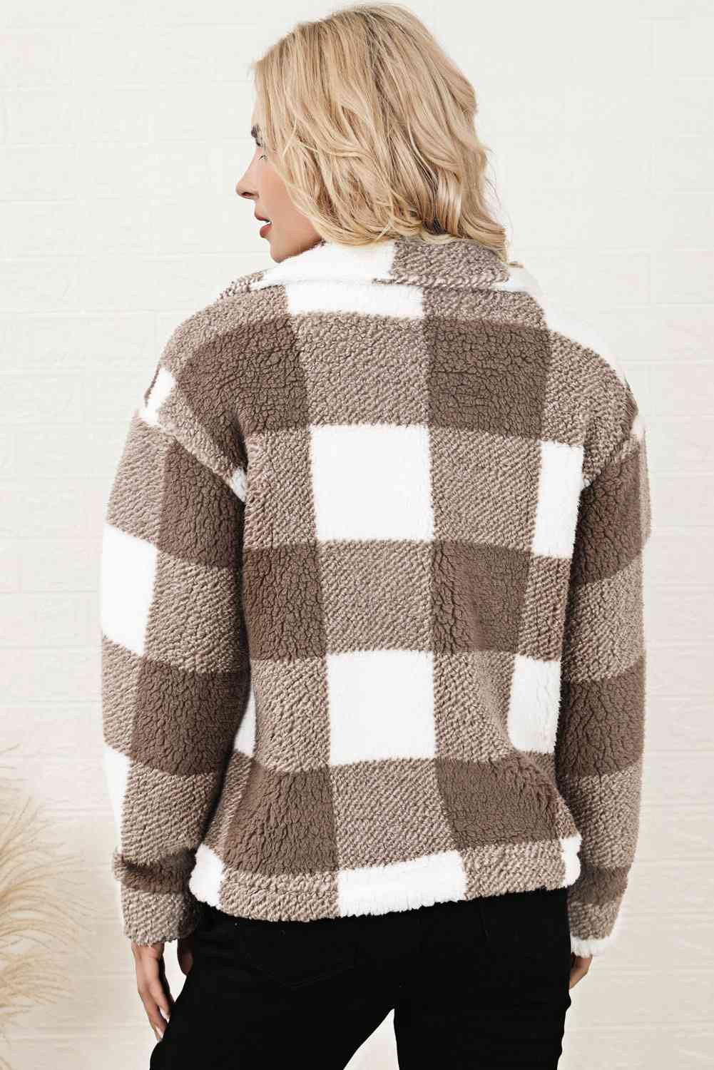 Light Gray Plaid Collared Neck Drop Shoulder Jacket