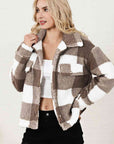 Black Plaid Collared Neck Drop Shoulder Jacket