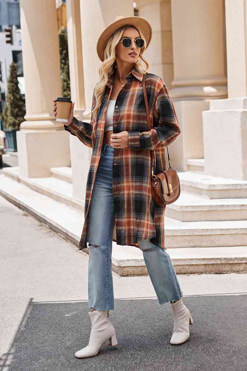 Gray Plaid Collared Neck Long Sleeve Coat