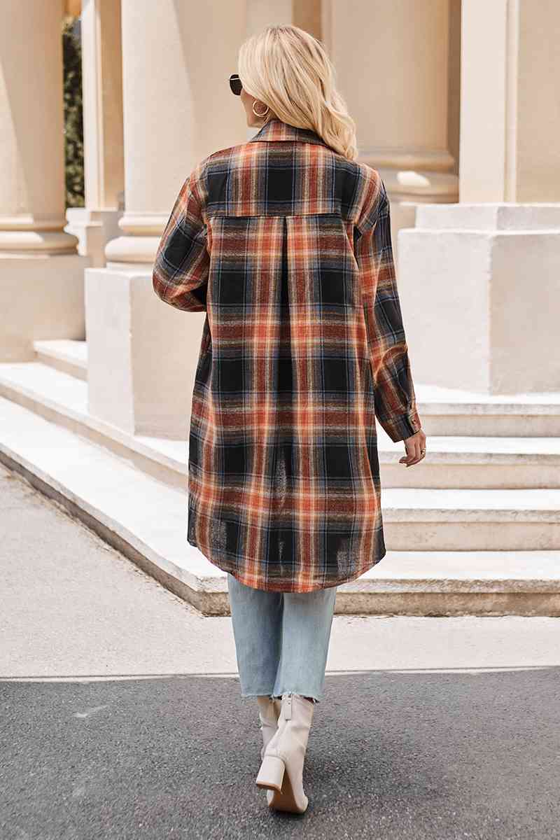 Gray Plaid Collared Neck Long Sleeve Coat