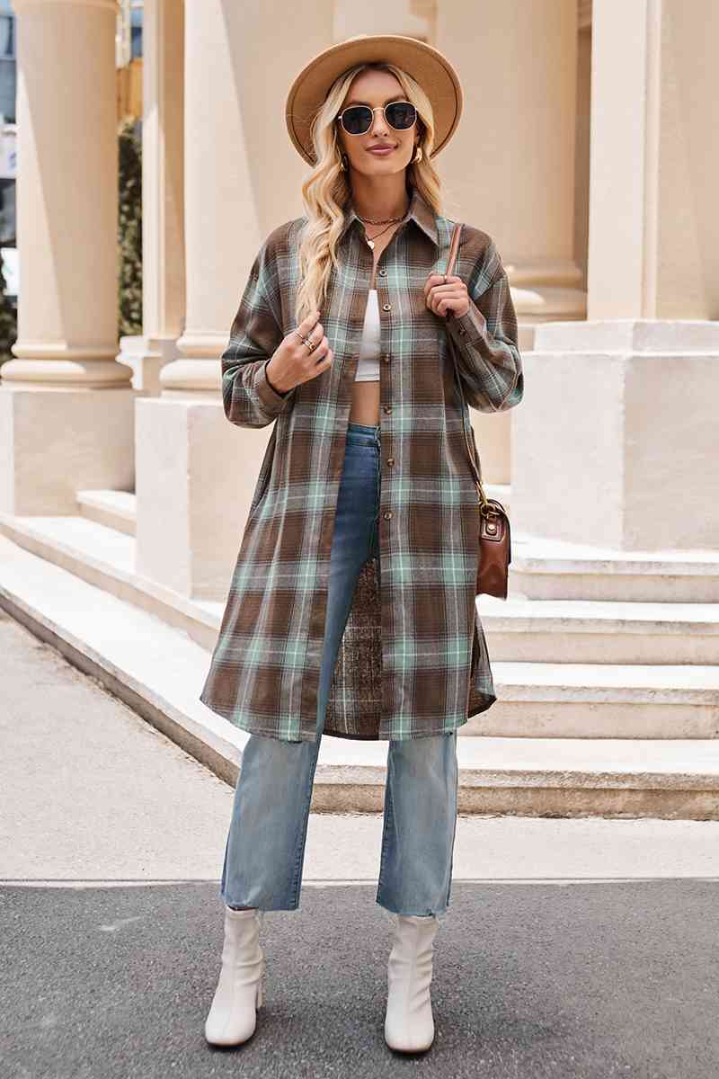 Gray Plaid Collared Neck Long Sleeve Coat