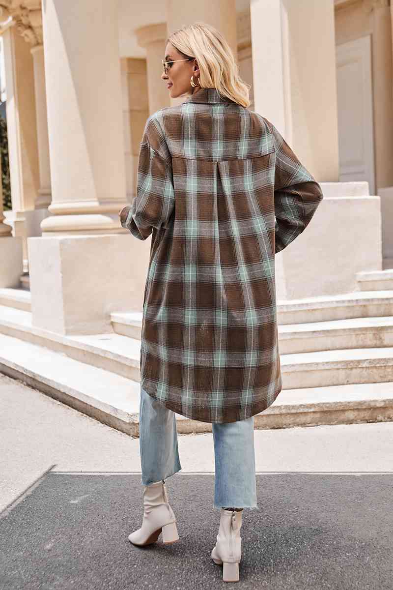 Gray Plaid Collared Neck Long Sleeve Coat