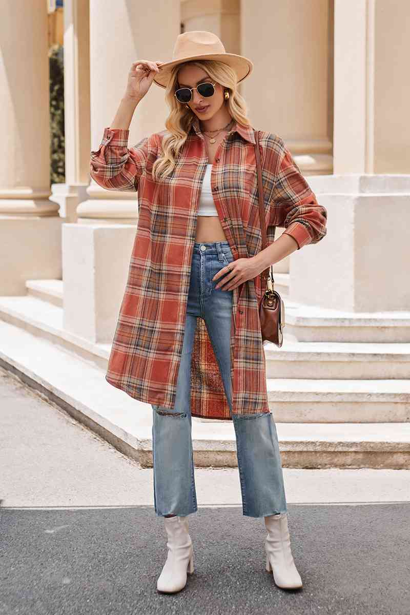 Rosy Brown Plaid Collared Neck Long Sleeve Coat