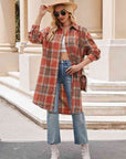 Rosy Brown Plaid Collared Neck Long Sleeve Coat