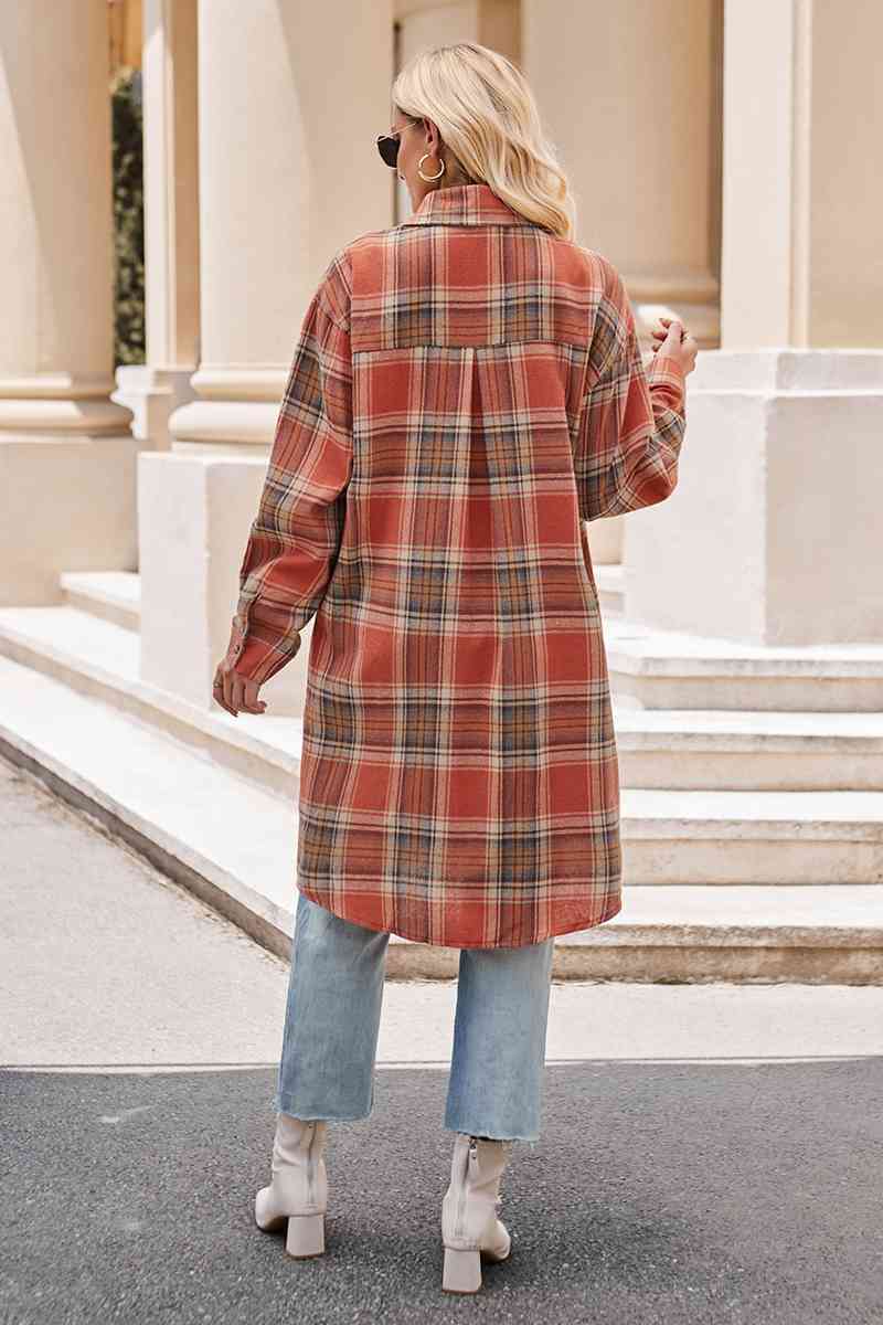 Gray Plaid Collared Neck Long Sleeve Coat