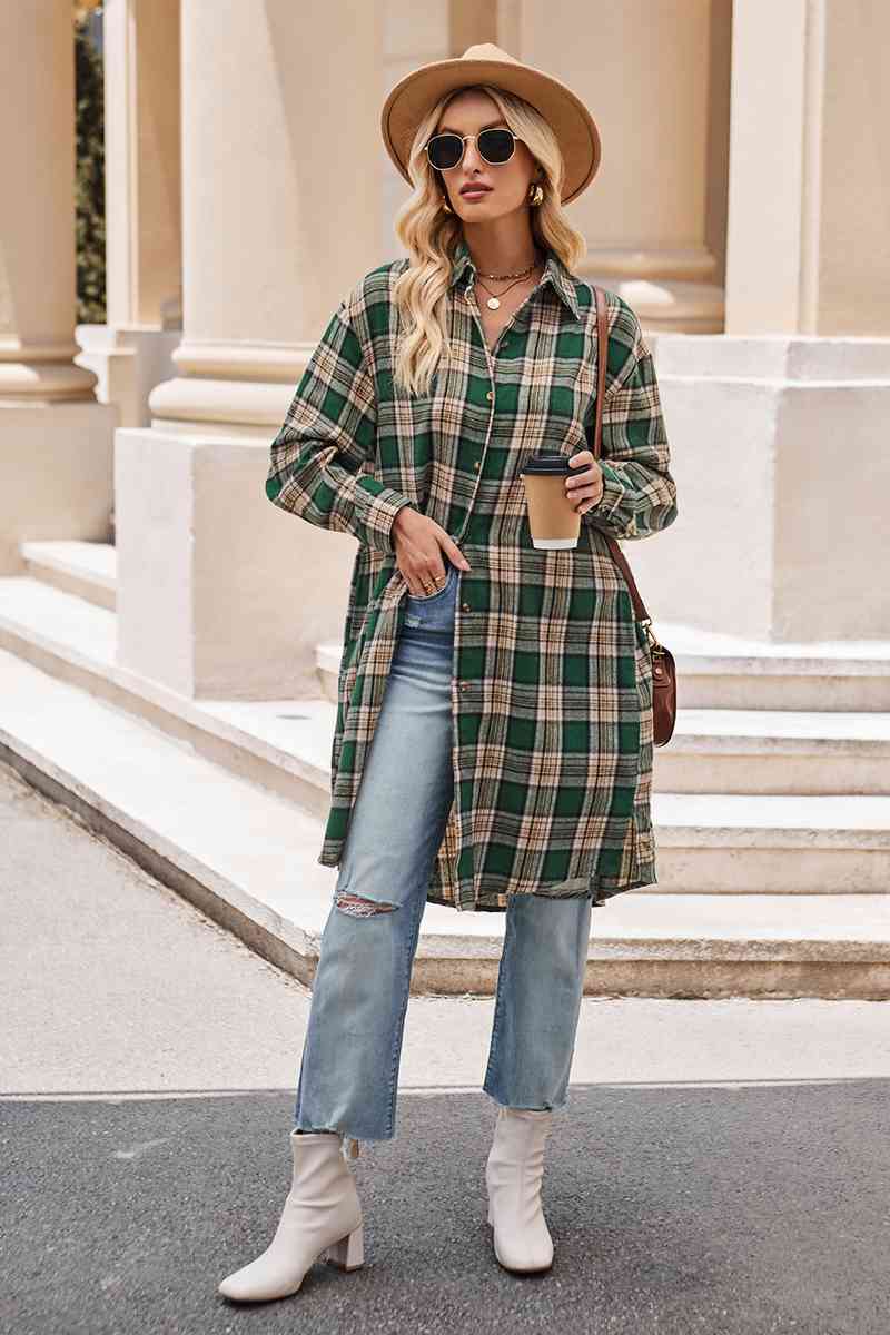 Gray Plaid Collared Neck Long Sleeve Coat