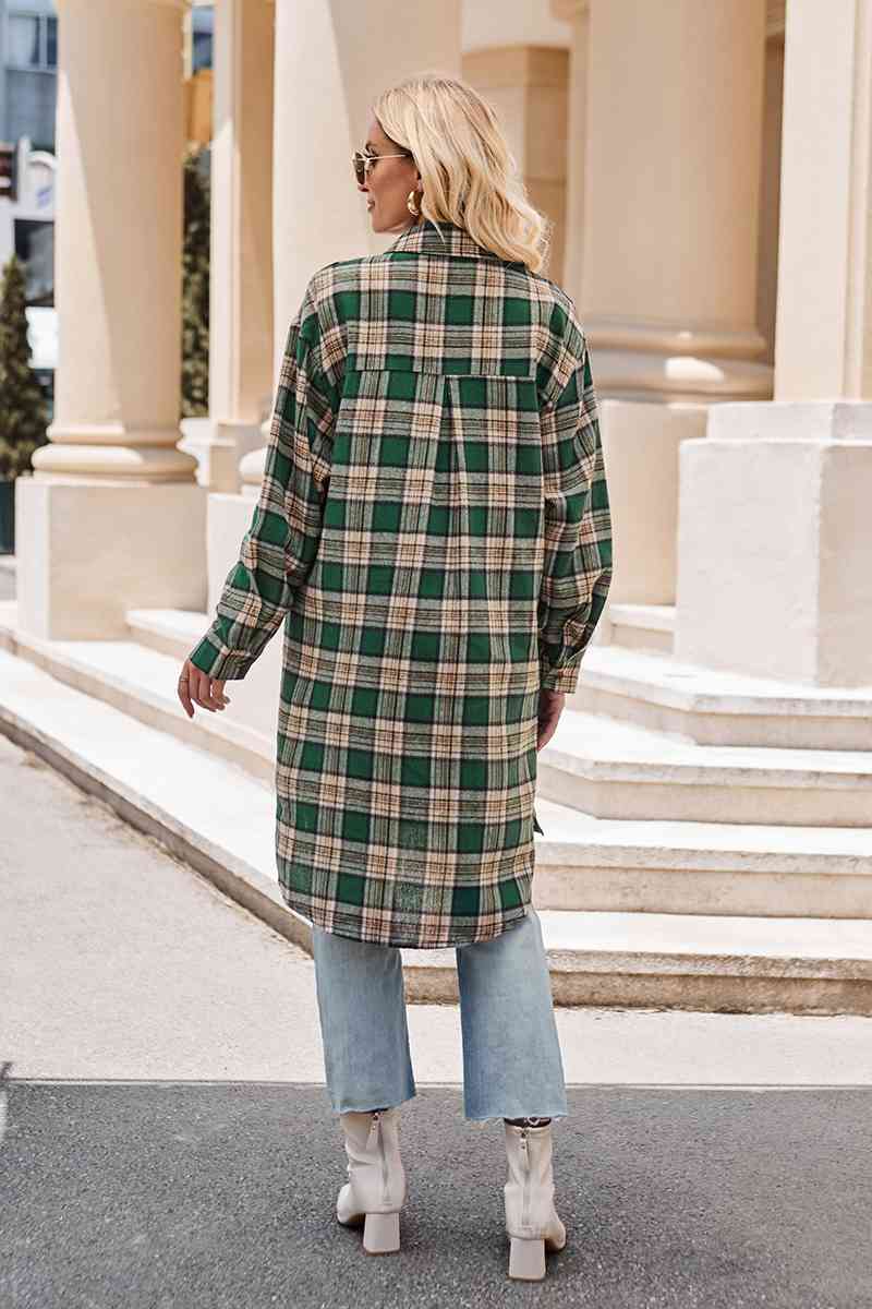 Dark Gray Plaid Collared Neck Long Sleeve Coat