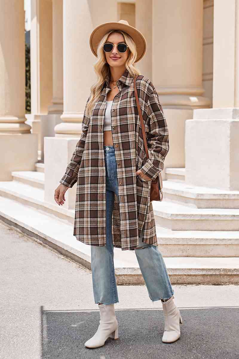 Gray Plaid Collared Neck Long Sleeve Coat