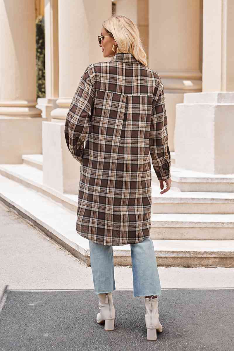 Gray Plaid Collared Neck Long Sleeve Coat