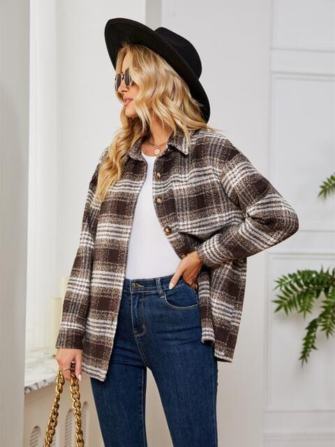 Gray Plaid Collared Shirt Jacket