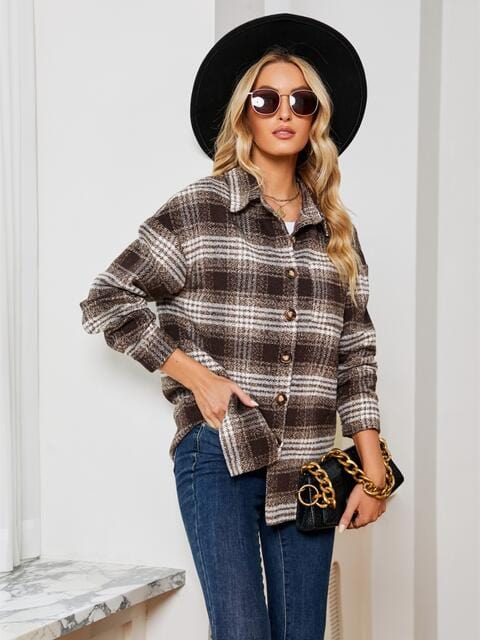 Light Gray Plaid Collared Shirt Jacket