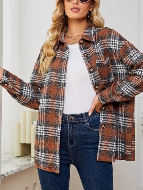 Gray Plaid Collared Shirt Jacket