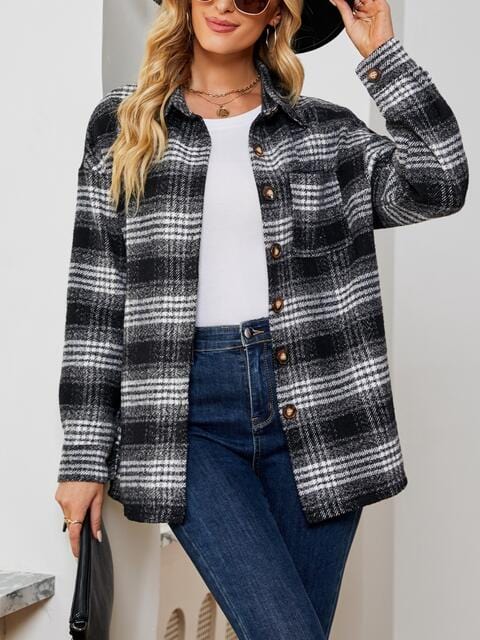 Gray Plaid Collared Shirt Jacket