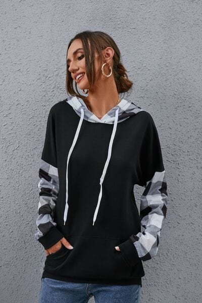 Light Slate Gray Plaid Drawstring Dropped Shoulder Hoodie