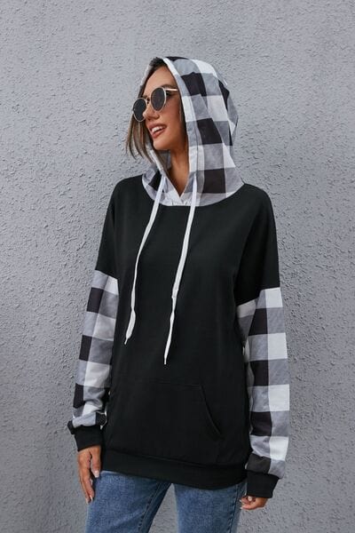 Dark Gray Plaid Drawstring Dropped Shoulder Hoodie