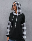 Dark Gray Plaid Drawstring Dropped Shoulder Hoodie