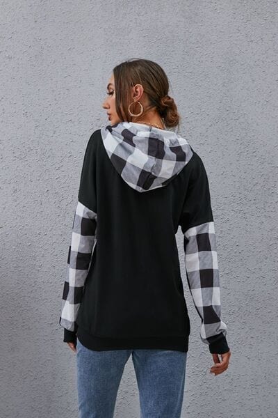 Dark Gray Plaid Drawstring Dropped Shoulder Hoodie