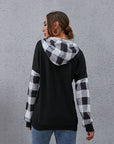 Dark Gray Plaid Drawstring Dropped Shoulder Hoodie