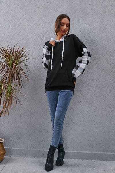 Light Slate Gray Plaid Drawstring Dropped Shoulder Hoodie